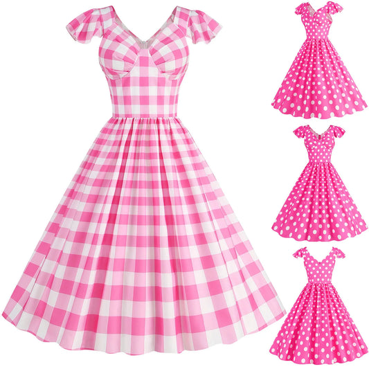 Women Vintage Party Dress Short Sleeve Barbie Plaid Dresses Polka Dot Robe 1950s Evening Party Prom Dress Women Swing Dresses