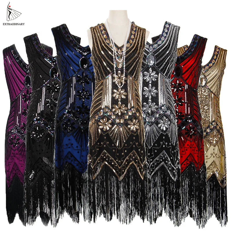 Women 1920 s Vintage Great Gatsby Dress Sequins Dress V-Neck Tassels Bodycon Beaded Party Dress Flapper Dresses Art Deco Double