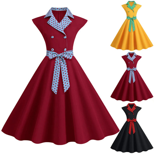 Women Casual Lapel Pleated Dress Elegant Short Sleeve 1950s Evening Party Prom Dress Vintage Cocktail Dress